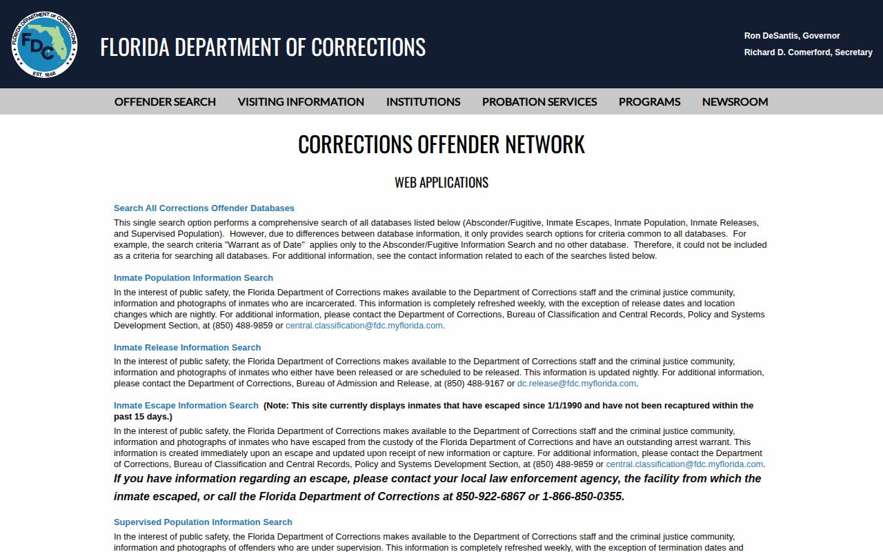 Florida Department of Corrections official offender search