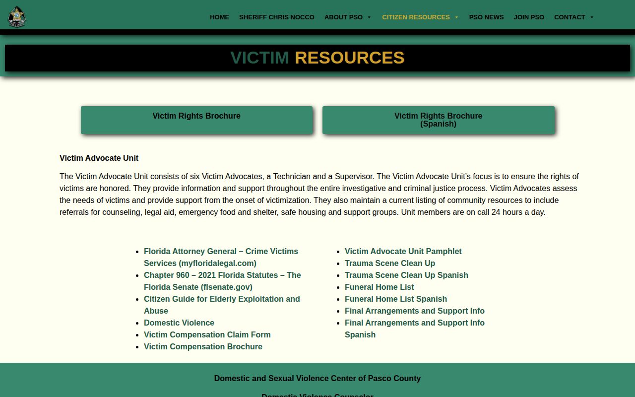 Pasco Sheriff victim resources page confirming Pasco County VINE participation
