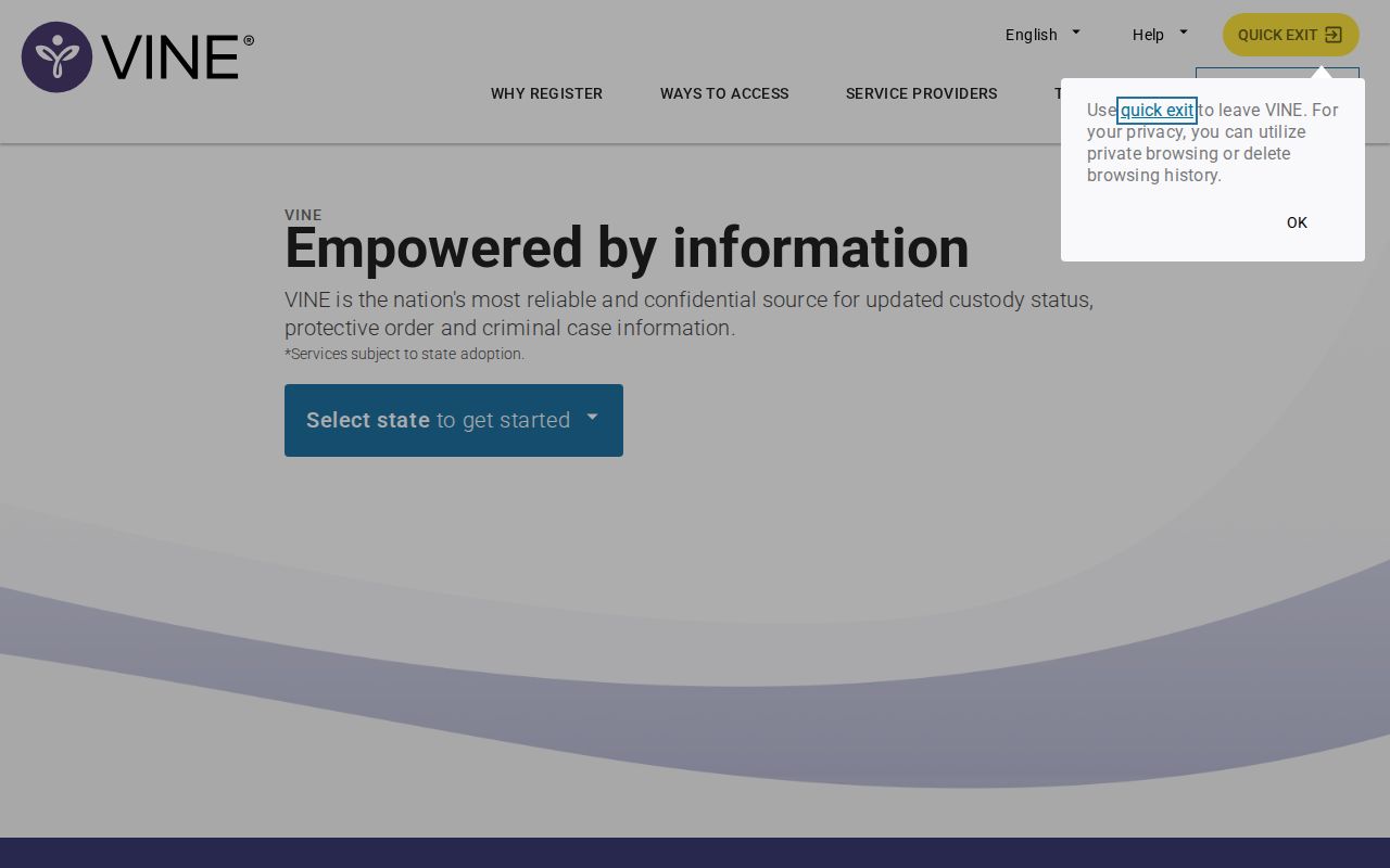 VINELink registration screen for Pasco County custody alerts