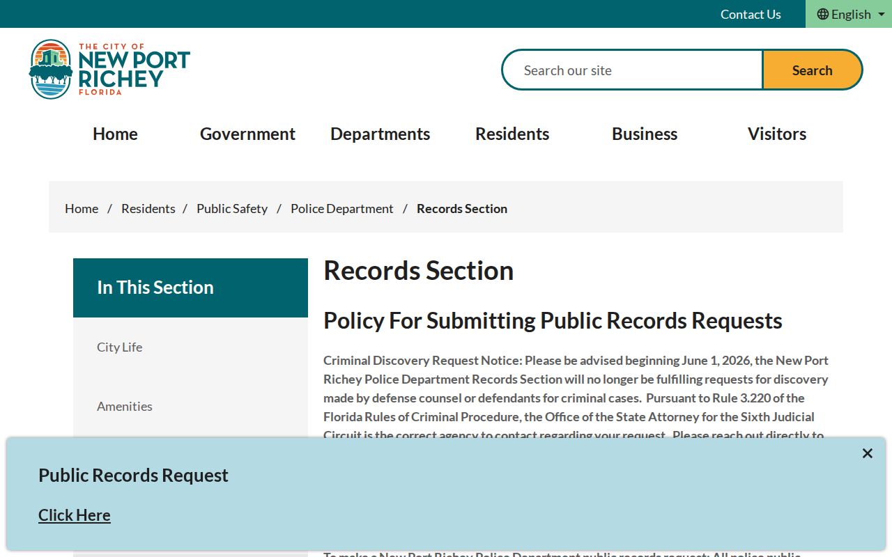 New Port Richey Police Department Records Section page